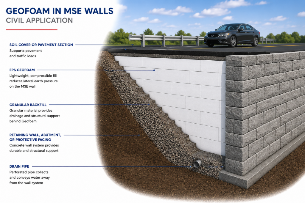 Structural Detail Image - Geofoam Retaining Wall under Roadway - Civil Construction